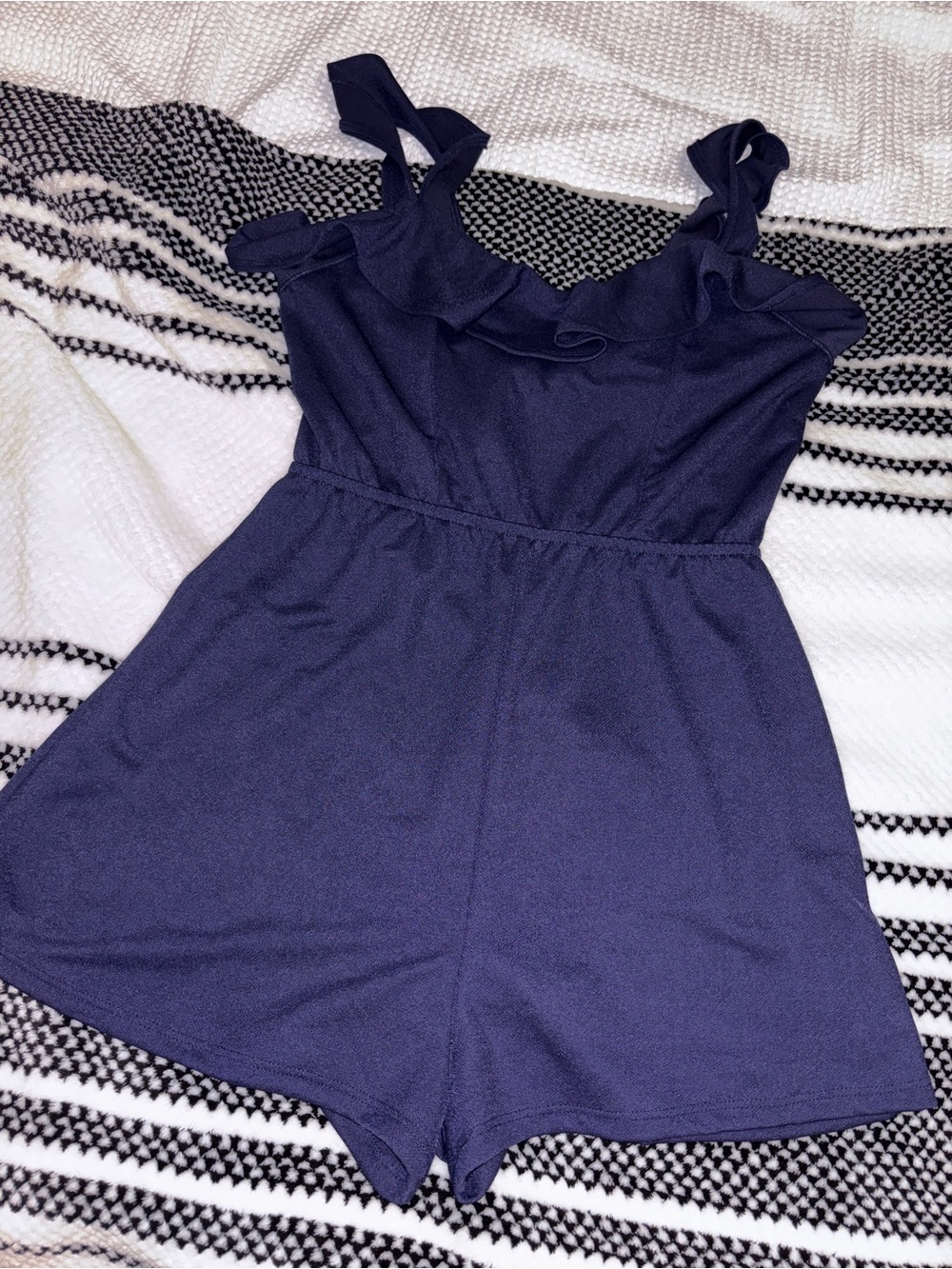 Navy Ruffle Strap Romper - One Piece